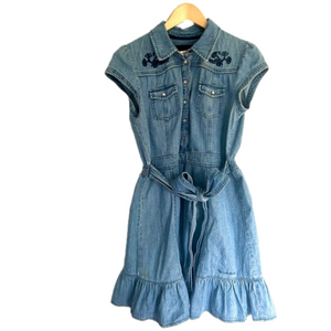Bondelid denim dress ruffle bow tie embroidered size medium jean mini